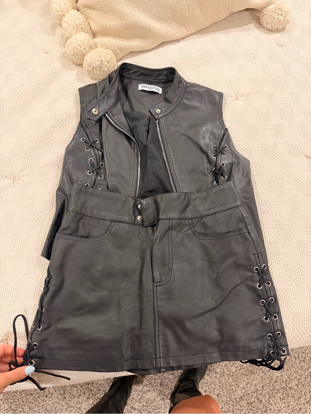 Princess Polly Black Faux Leather Lace-Up Vest & Skirt Set